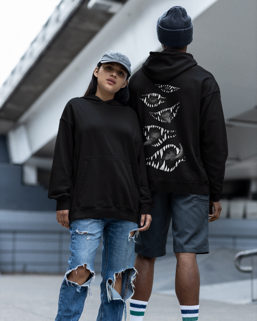 Menacing Creature Hoodie Stacked Venom Fangs Graphic Pullover