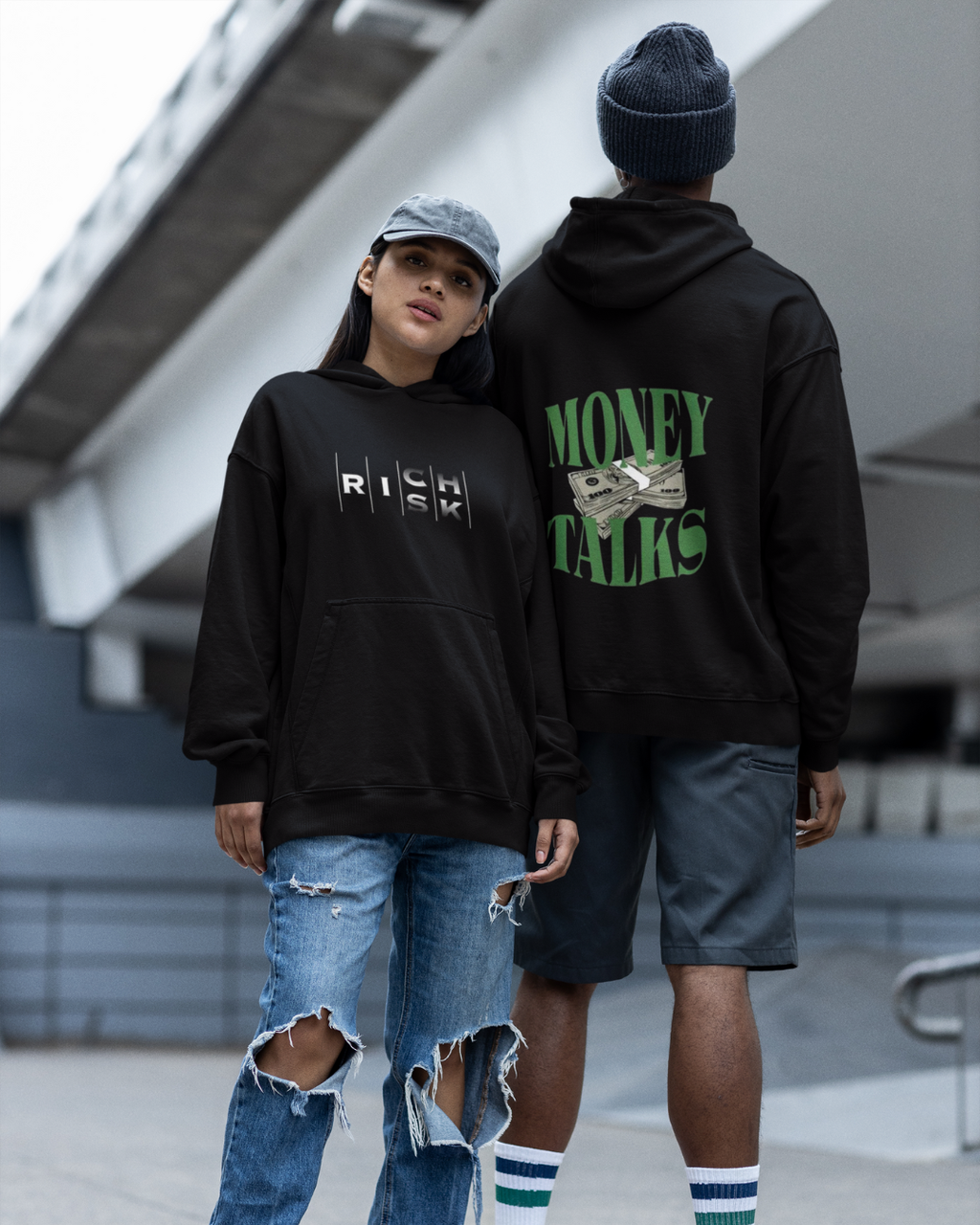 Luxury Motivation Hoodie RICH RISK Front & MONEY TALKS Back Pullover
