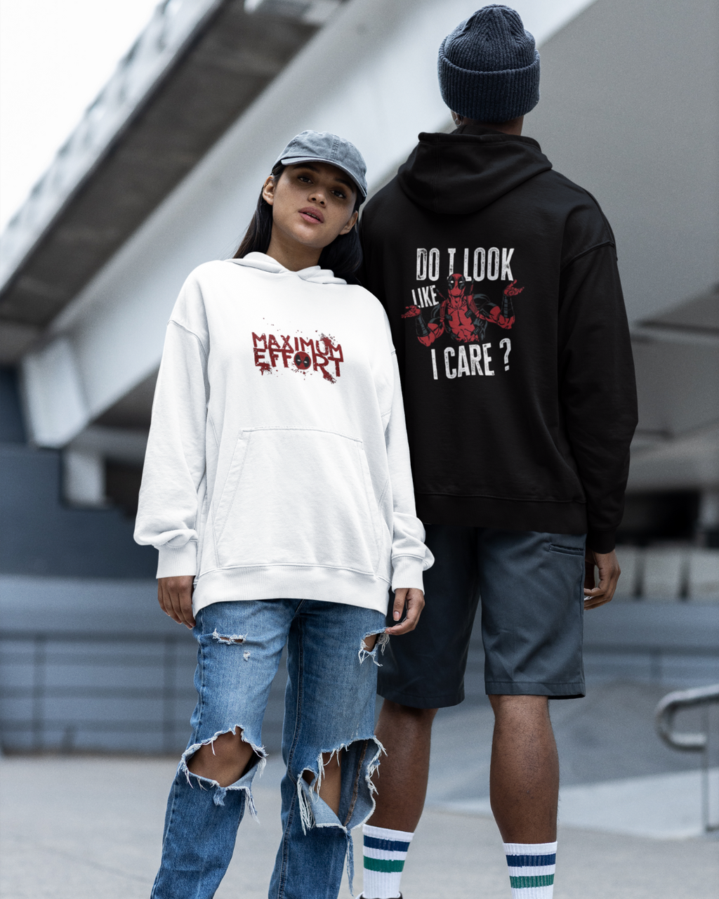 Deadpool Maximum Effort Hoodie "Maximum Effort" Front & "Do I Look Like I Care ?